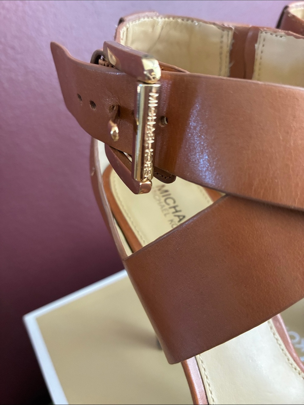 Michael Kors Luggage Leather Josephine Open Toe High Heel Sandals - Picture 5 of 9